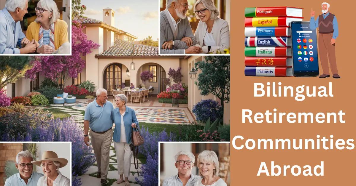 Retirees converse joyfully in a scenic Spanish retirement community with Mediterranean architecture.