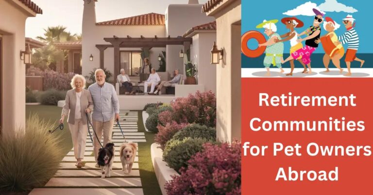 Elderly couple walking dogs in vibrant, pet-friendly retirement community with lush gardens.