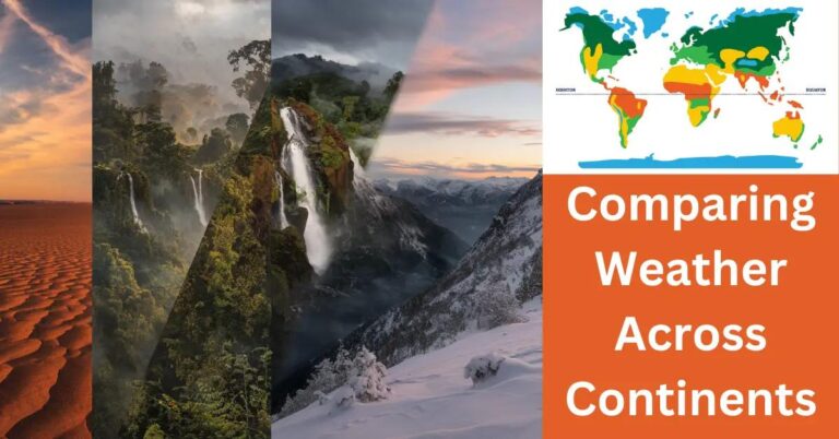 Panoramic image showcasing Australian desert, Amazon rainforest, and Scandinavian winter weather patterns.