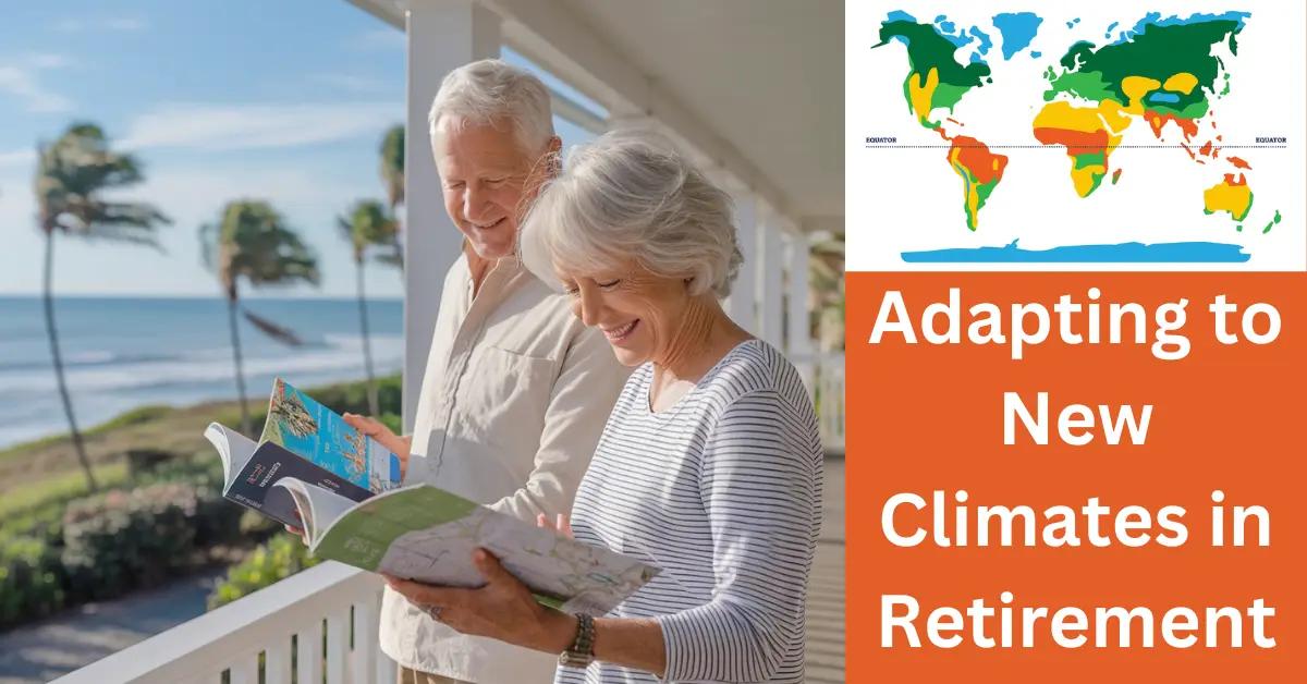 Elderly couple on sunlit veranda, exploring new coastal home, ocean view, palm trees swaying.