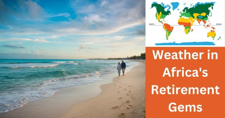 Weather in Africa's Retirement Gems: What to Expect? Retired couple strolls idyllic African beach, turquoise waves and golden sands under azure sky.