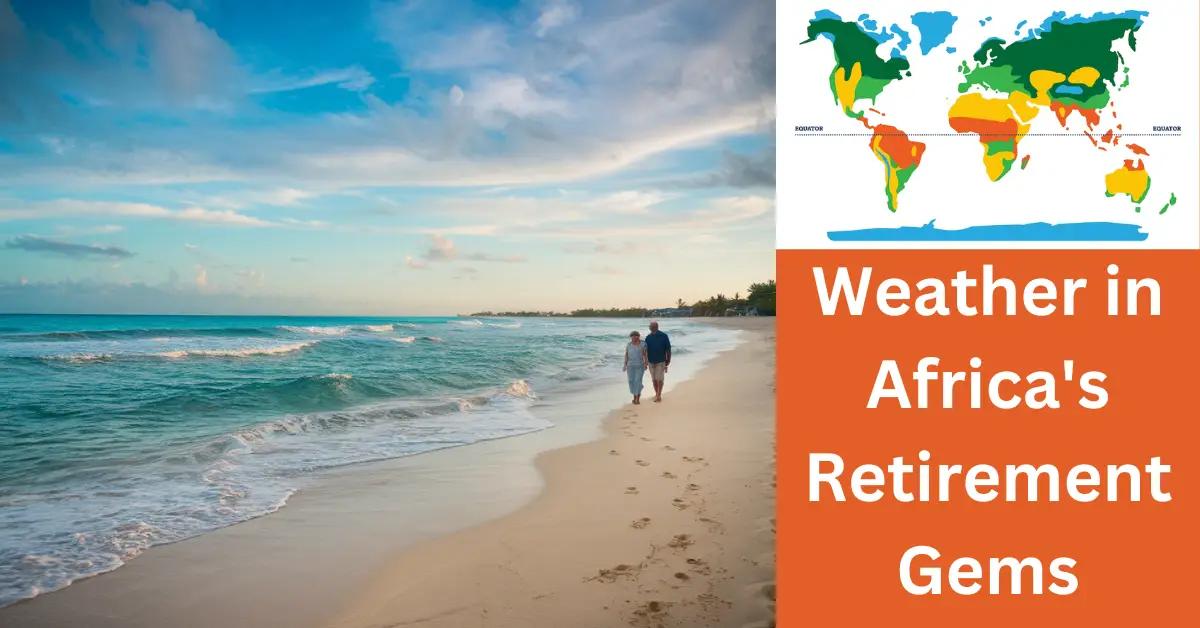 Retired couple strolls idyllic African beach, turquoise waves and golden sands under azure sky.