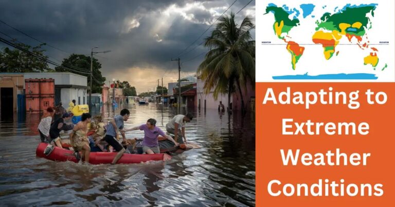 Adapting to Extreme Weather Conditions: How to Cope? Community navigating flooded city street with makeshift rafts amidst futuristic skyscrapers and stormy skies.