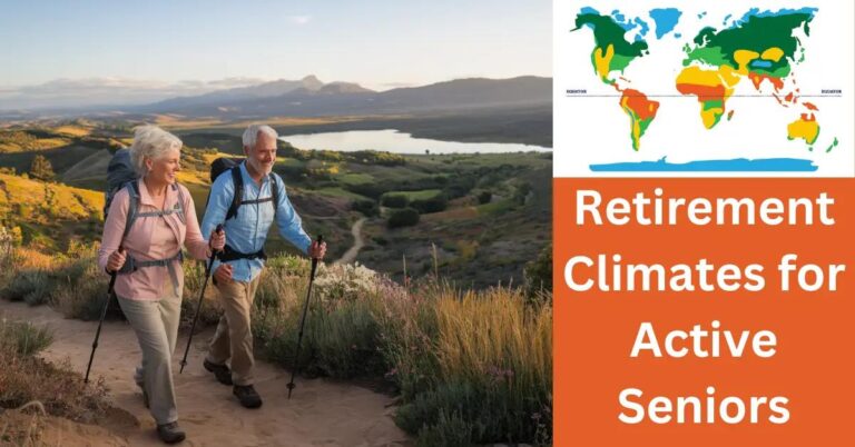 Active senior couple hiking scenic trail with rolling hills, lake, and wildflowers.