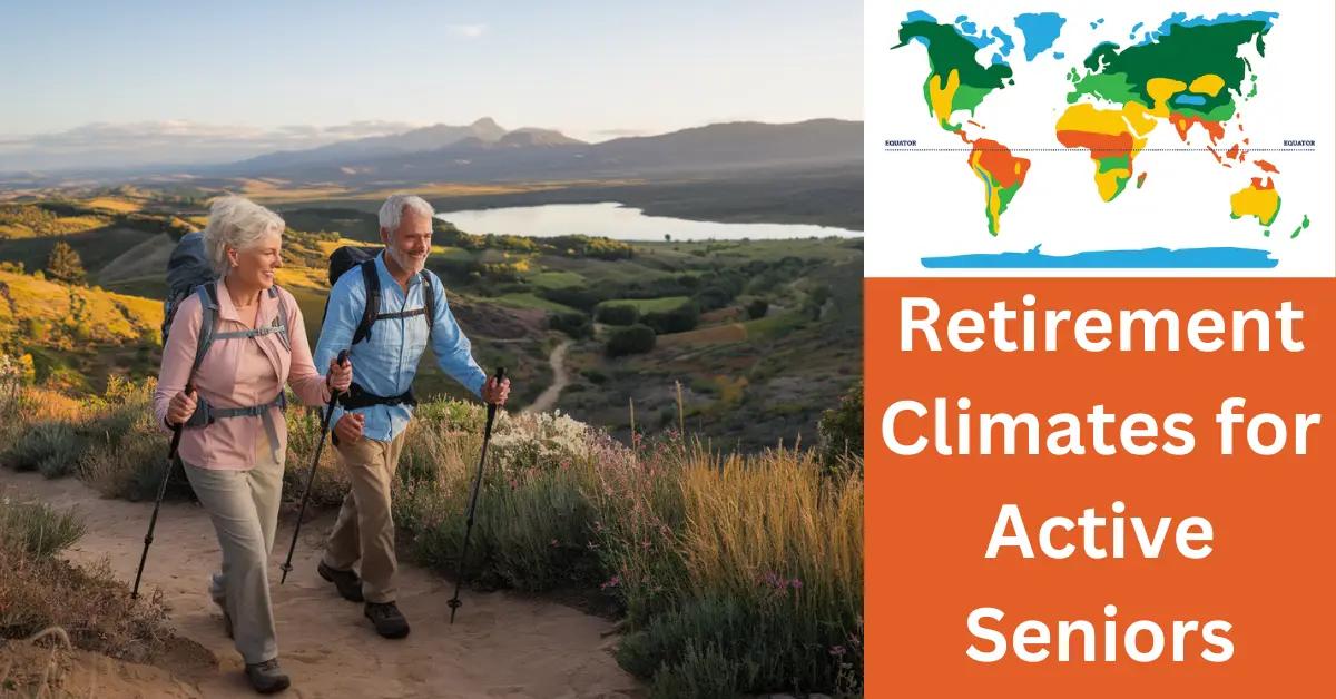 Active senior couple hiking scenic trail with rolling hills, lake, and wildflowers.