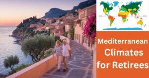 Retired couple strolling in a picturesque Mediterranean village at sunset, with vivid surroundings.