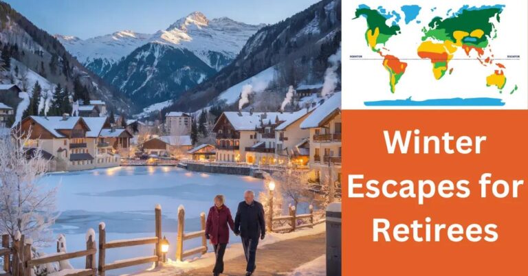 Quaint snow-covered village in Swiss Alps with retirees enjoying serene winter scenery.