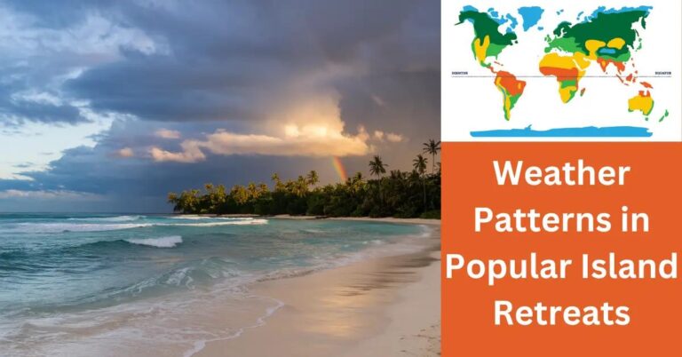 Panoramic island beach with dramatic sky, rainbow, and sunlight over palm trees.