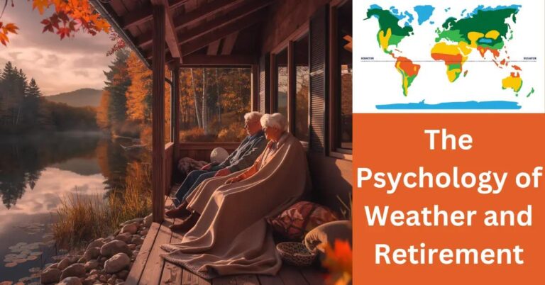 The Psychology of Weather and Retirement: How Are They Linked? Retired couple on porch, wrapped in blankets, enjoying autumn lake view with serene expressions.