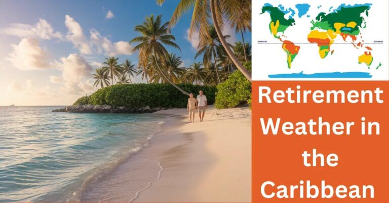 Retirement Weather in the Caribbean: What Can You Expect? Serene Caribbean beach with turquoise waters, palm trees, and strolling retired couple.