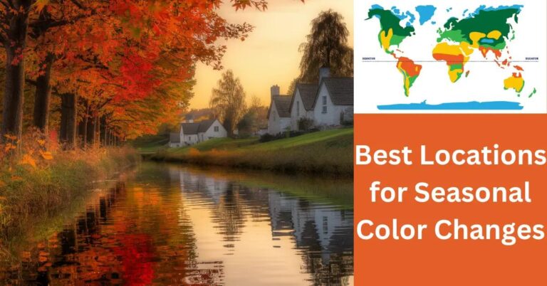 Best Locations for Seasonal Color Changes Near You? Autumn landscape with vibrant foliage, reflecting pond, and sunset-lit cottages.