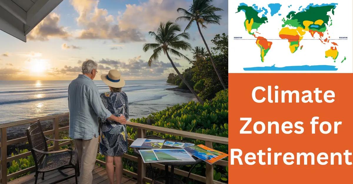 Retired couple ponder future on deck, overlooking serene beach with maps and brochures.