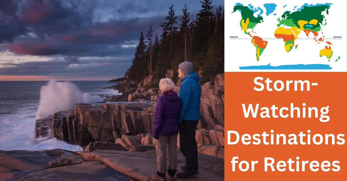 Retired couple watches stormy sea at twilight on Acadia National Park cliffs.