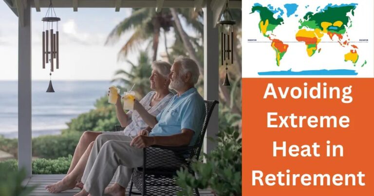 Avoiding Extreme Heat in Retirement: How Can You Prepare? Elderly couple relaxing on a shaded porch, enjoying iced lemonade by the ocean.