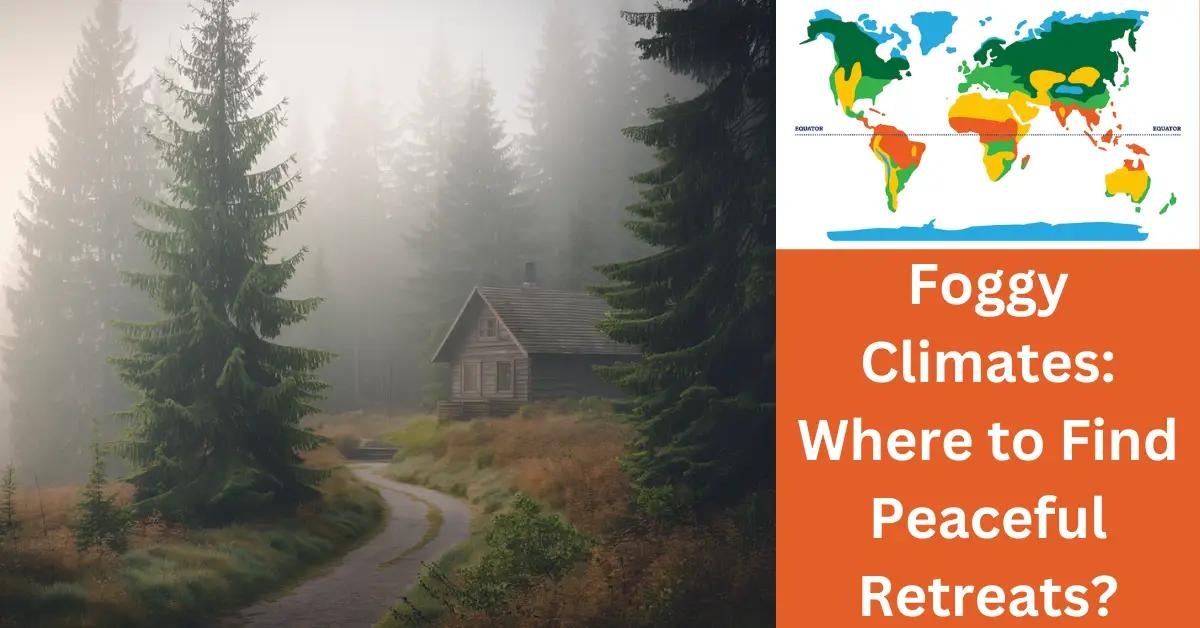 Foggy woodland landscape with misty pine trees, rustic cabin, and soft sunlight.