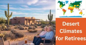 Charming desert bungalow with retirees enjoying tranquility, surrounded by cacti under clear blue sky.