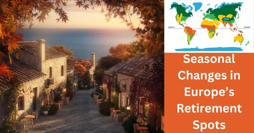 Idyllic Mediterranean village in autumn; stone cottages, vibrant foliage, and peaceful coastal scene.