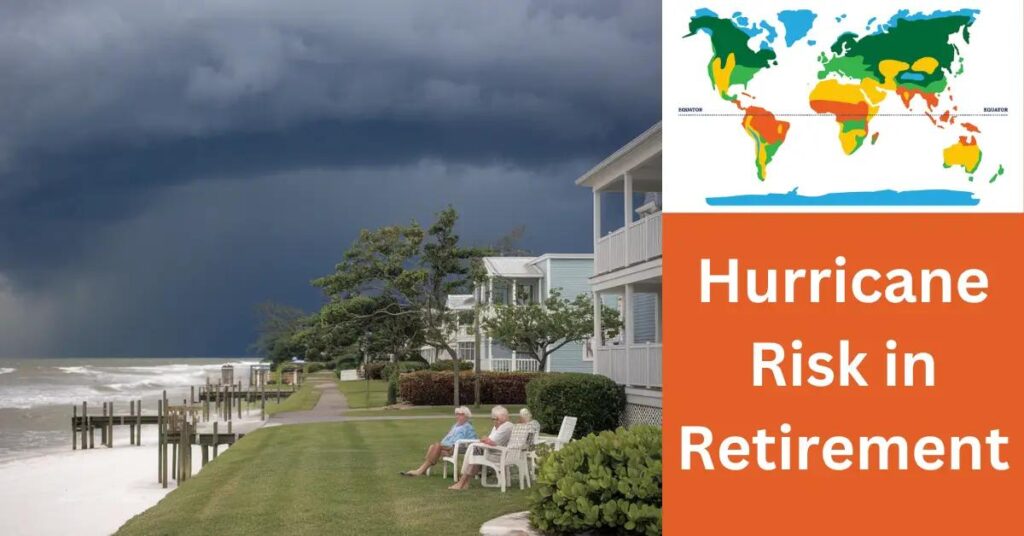 Serene retirement community by the ocean as ominous storm clouds gather overhead.