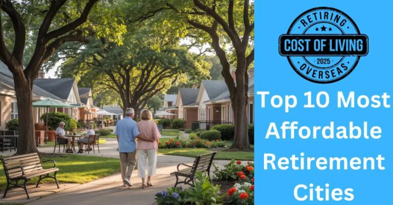 Top 10 Most Affordable Retirement Cities: Which To Choose? A serene park scene with retirees, affordable housing, and a vibrant café atmosphere.